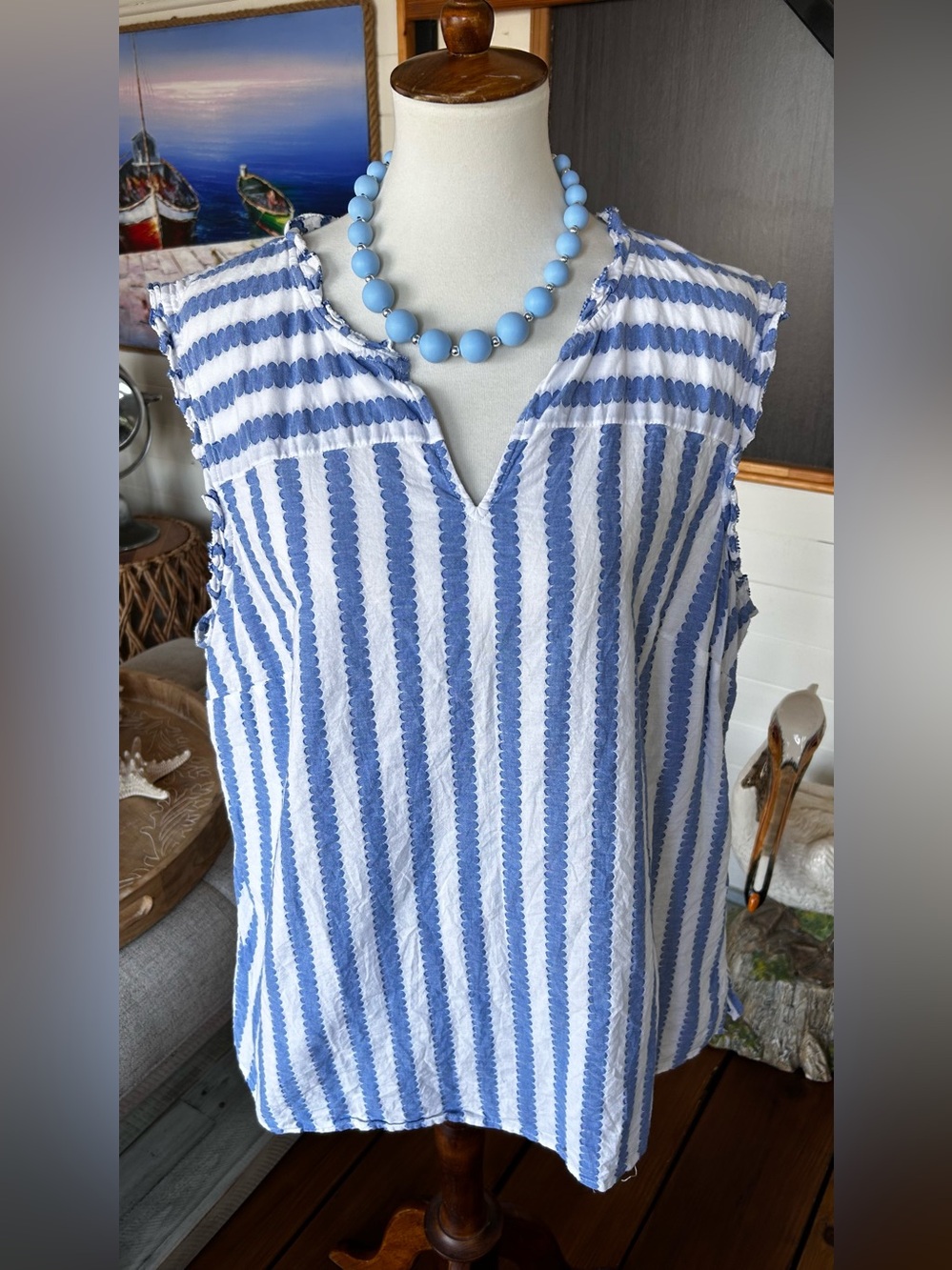 Talbots Plus 2X Blue White Stripe Cotton Ruffle Sleeveless Blouse Coastal